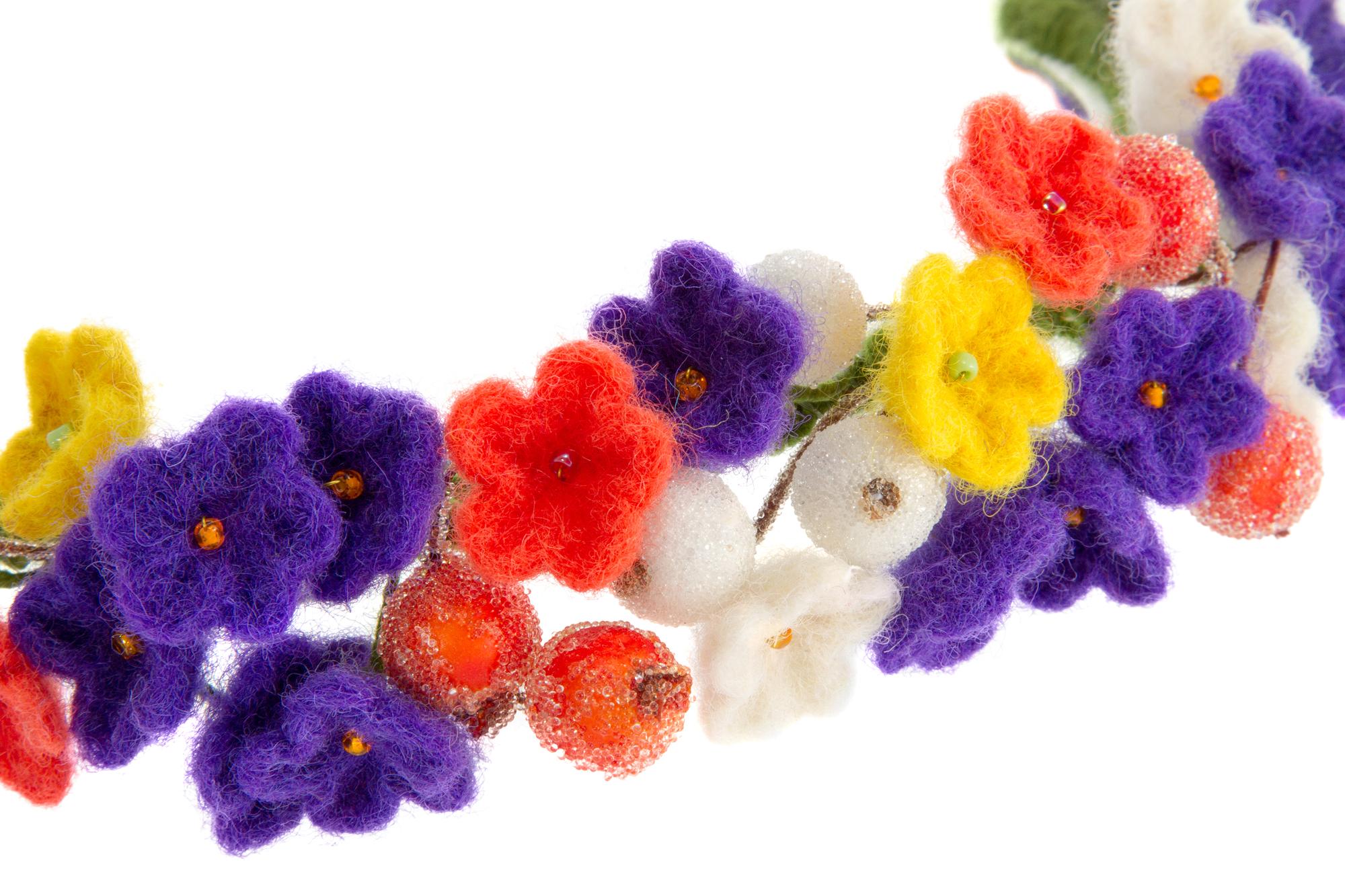 close detail of floral embroidery threads and needle